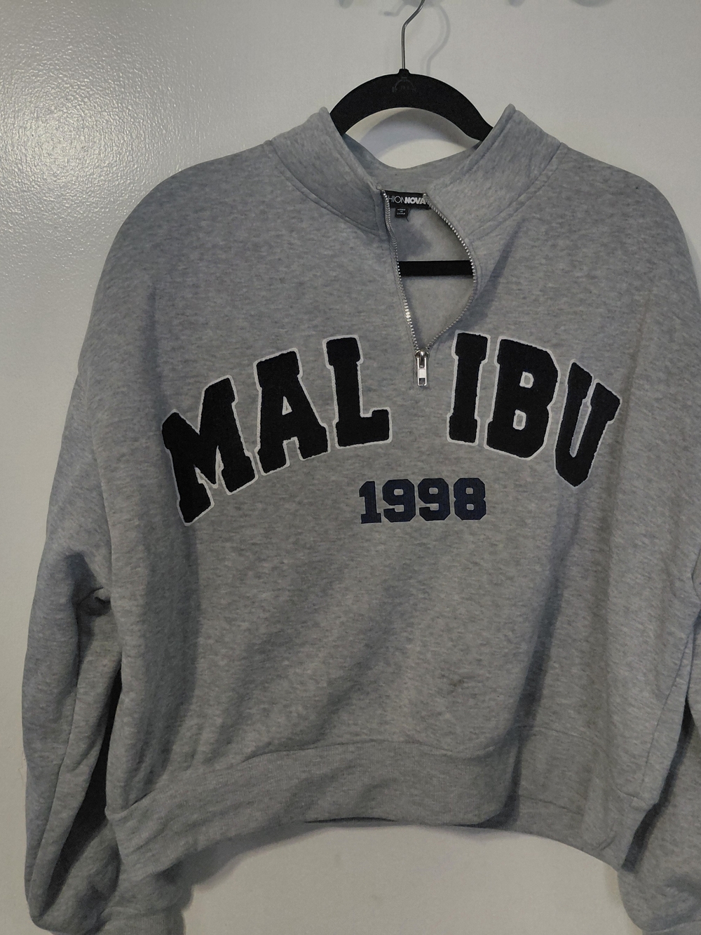 Fashion Nova Grey Zip-Up 'Malibu 1998' Sweatshirt